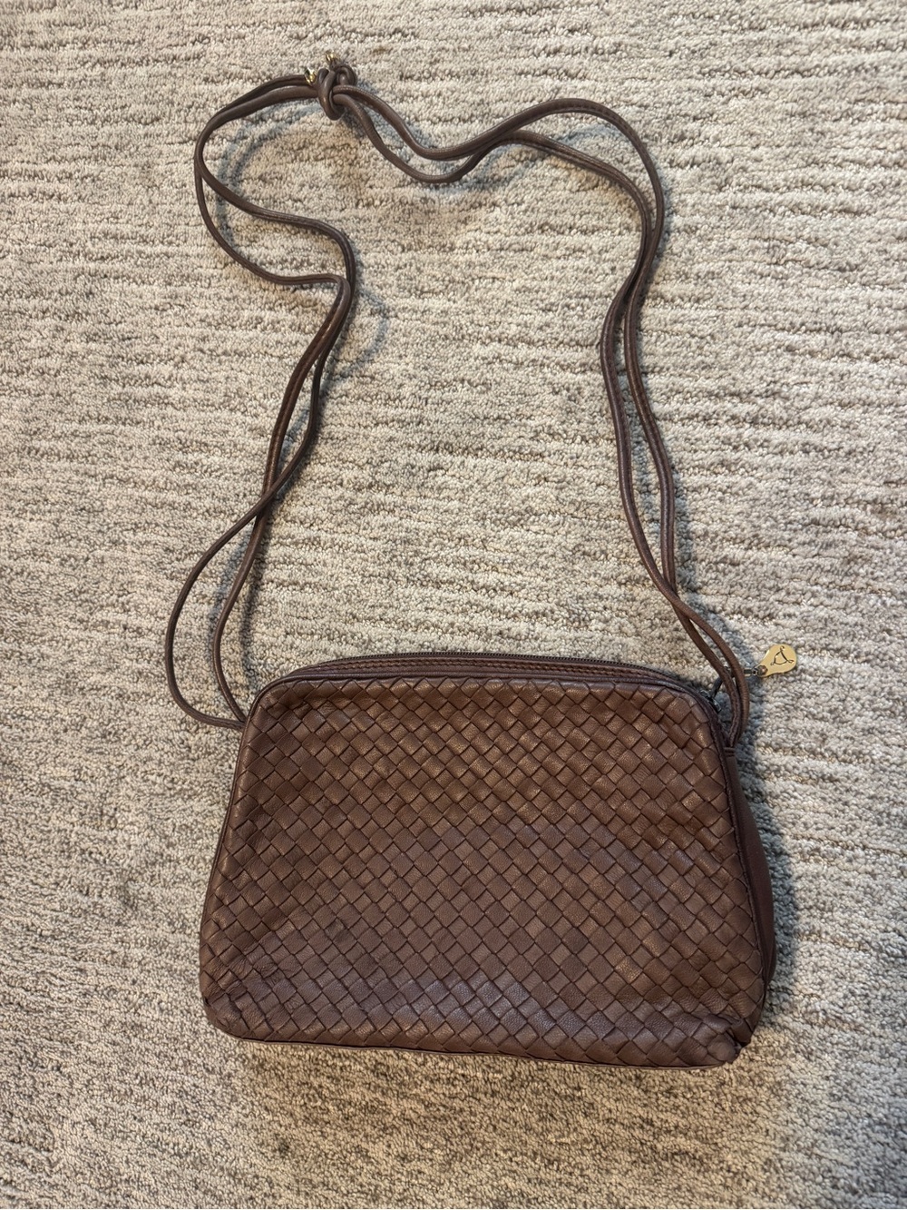 Vintage 80s Woven Leather Crossbody Bag - Taupe / Brown Double Strap
